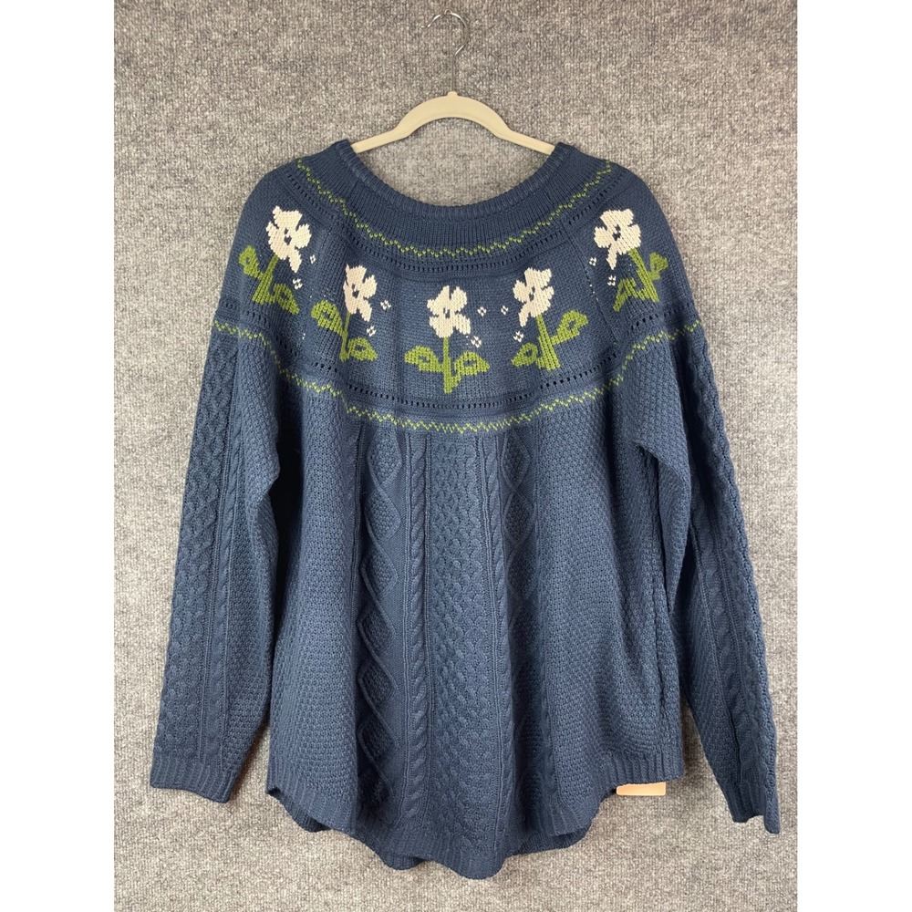 BloomChic Sweater Womens 18-20 Blue NWT Floral Cable Knit Cottagecore Pullover